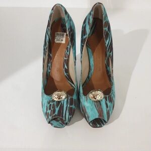 Christian Siriano Turquoise and Brown Peep-Toe Heels